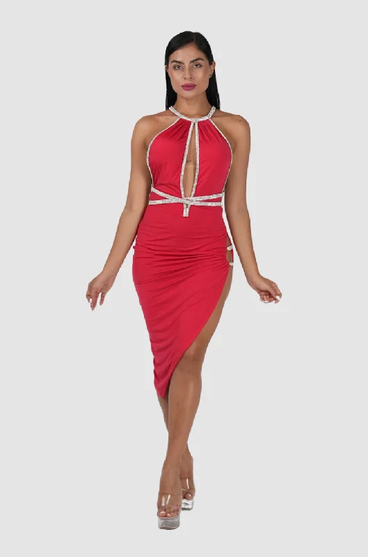 cold shoulder cocktail dress-Miranda Red w Silver Dress