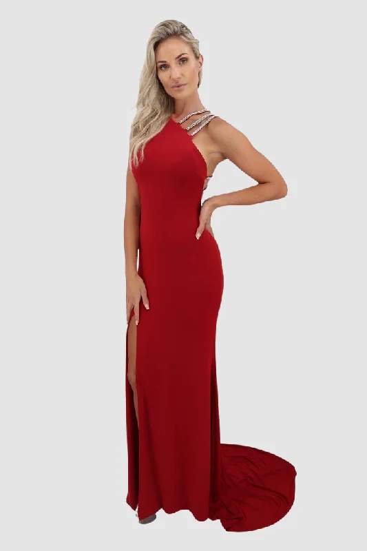 knit prom dress-Meave Red/Silver Long Dress