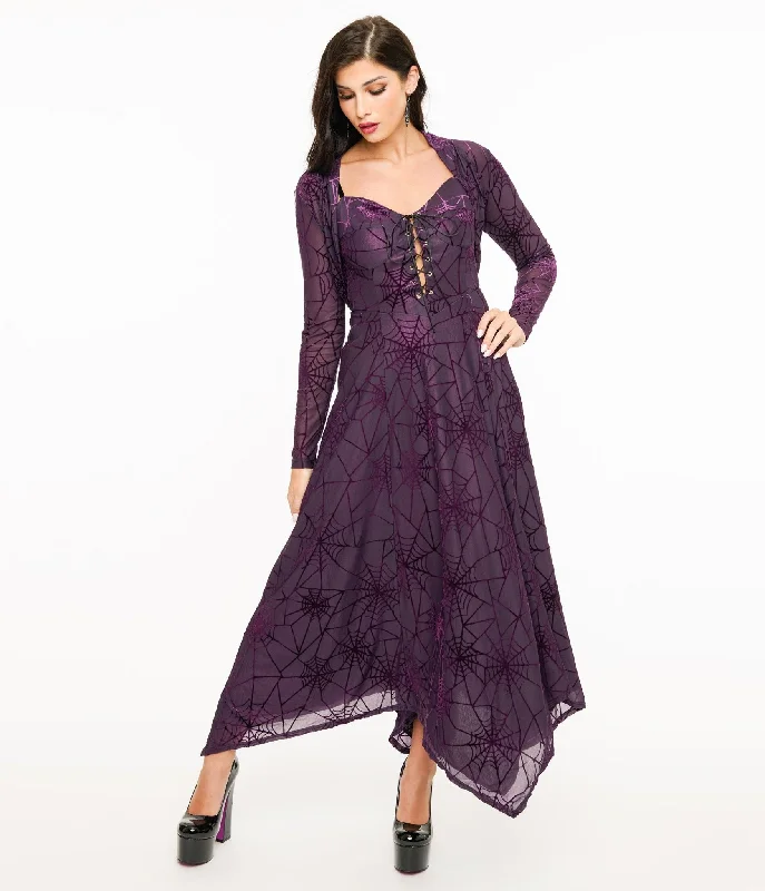 pleated cocktail dress-Wax Poetic Purple & Black Spiderweb Willow Maxi Dress & Bolero Set