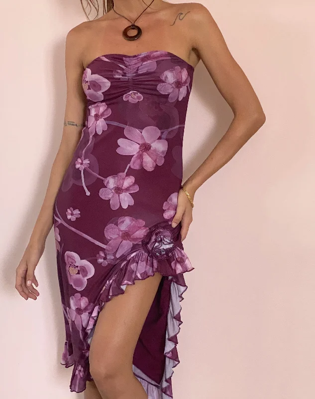 ruby red evening dress-Weti Bandeau Mini Dress with Waterfall Hem in Watercolour Floral Berry