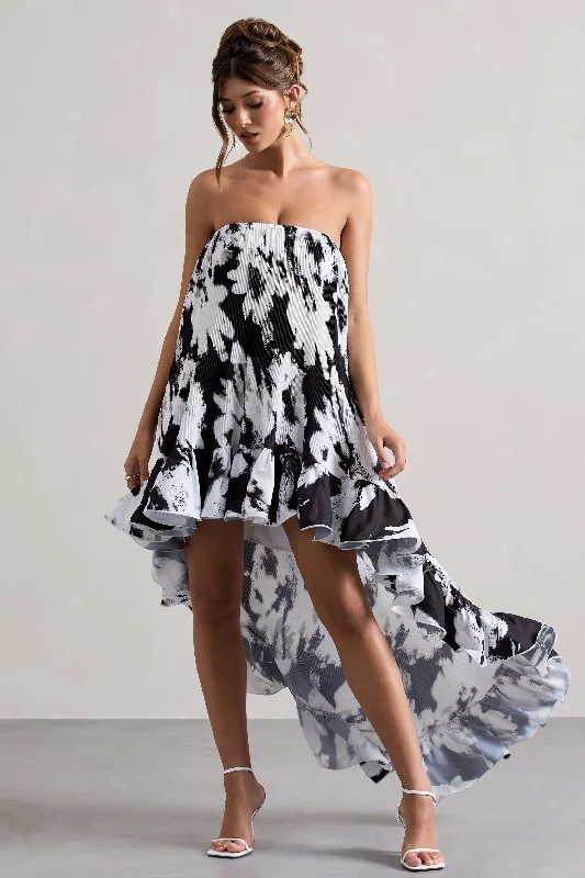 purple lace dress-Whistler | Monochrome Floral Chiffon Bandeau High-Low Ruffled Maxi Dress