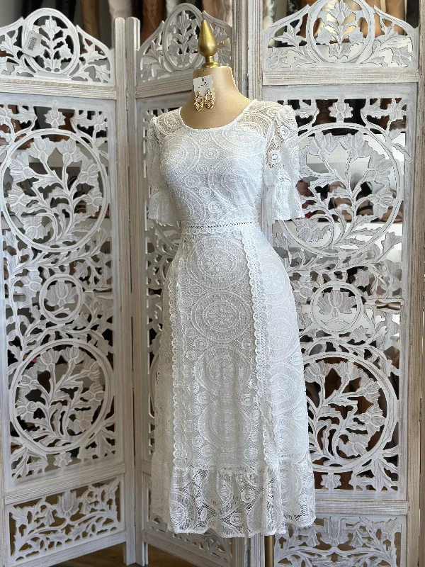 navy blue dress-White Lace Midi Dress- Not Stretchy