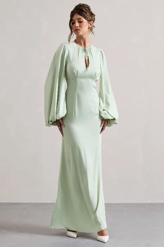 white cotton dress-Wild Rose | Light Green Puff-Sleeve Cut-Out Maxi Dress