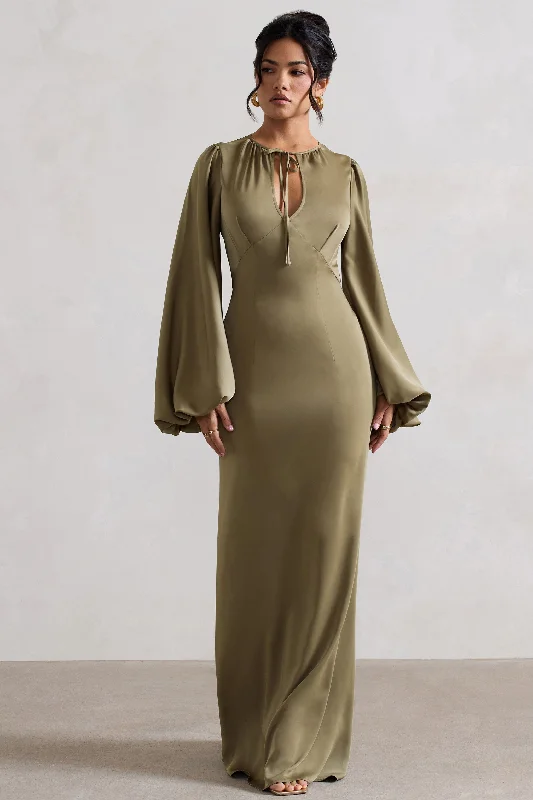 black lace dress-Wild Rose | Olive Satin Puff-Sleeve Cut-Out Maxi Dress