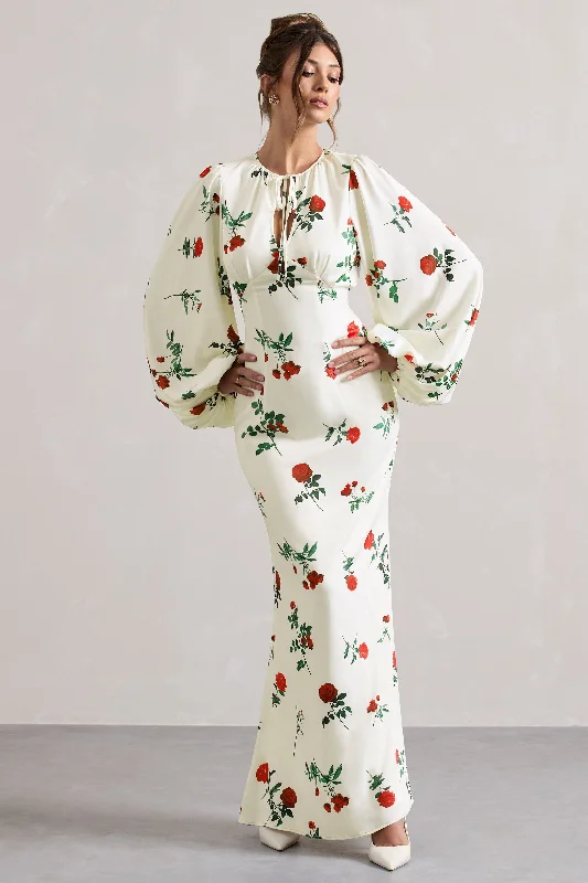 floral midi dress-Wild Rose | Rose Print Satin Puff-Sleeve Cut-Out Maxi Dress