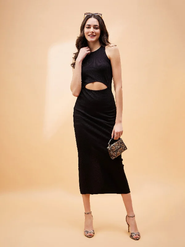 fit and flare dress-Women Black Front Cut Out Rib Midi Dress