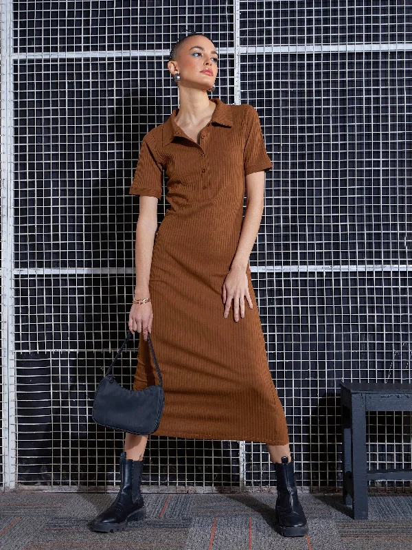 tulle cocktail dress-Women Brown Rib Polo Neck Bodycon Midi Dress