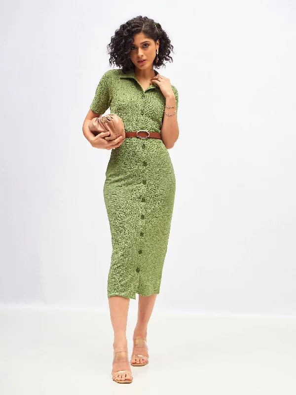 striped evening dress-Women Green Knitted Front Button Bodycon Midi Dress