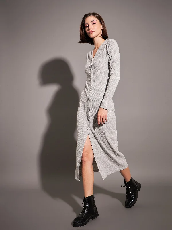 long sleeve sundress-Women Grey Rib Front Button Midi Dress