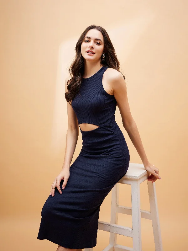 halter neck dress-Women Navy Blue Front Cut Out Rib Midi Dress