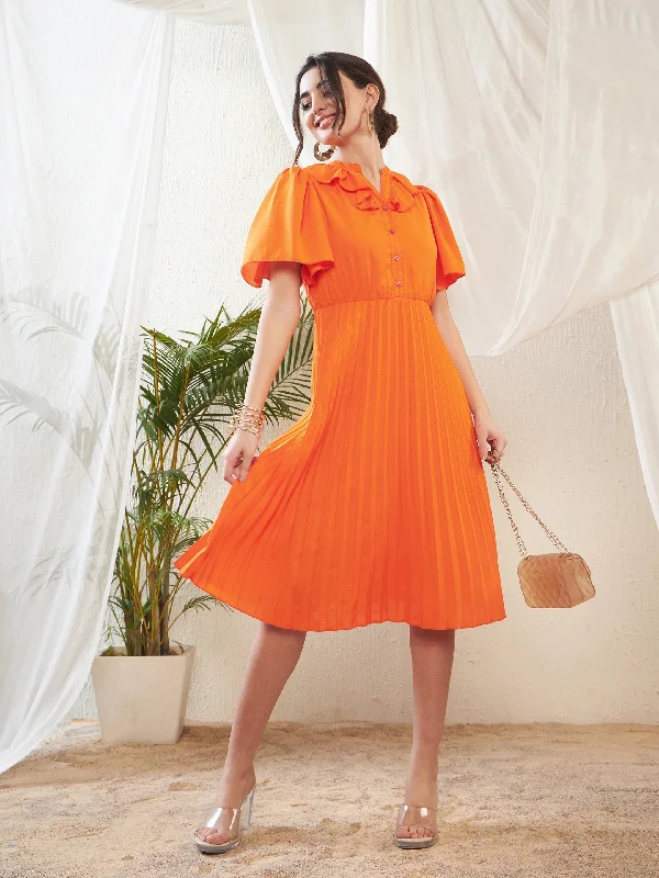 chic prom dress-Women Orange Frill Neck Accordion Pleated Midi Dress