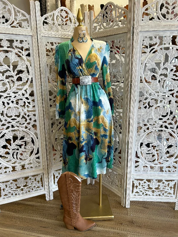 vintage evening dress-Wrapped Multicolor Green Midi Dress- Not Stretchy