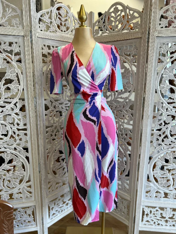 pastel pink evening dress-Wrapped Multicolor Midi Dress- Not Stretchy