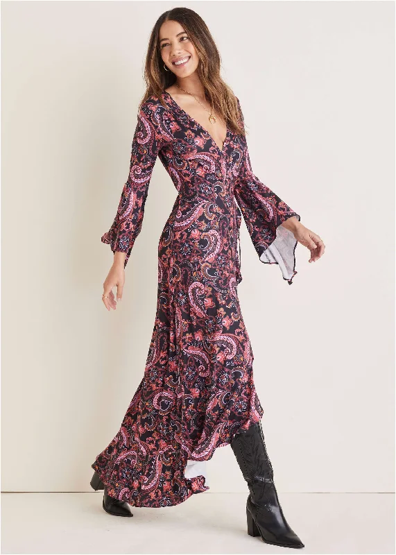 halter maxi dress-Paisley Wrap Maxi Dress - Multi-Paisley