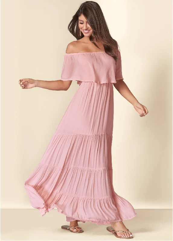 ruched cocktail dress-Tiered Maxi Dress - Blush