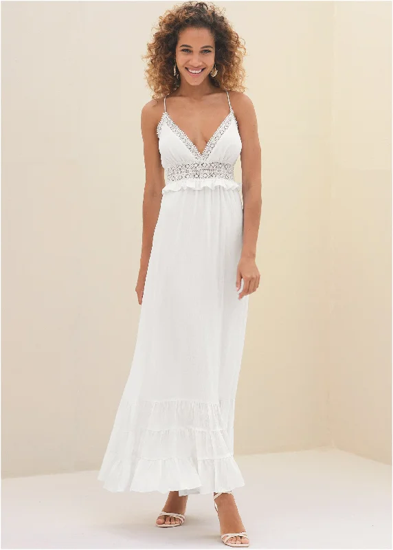 backless prom dress-Crochet Detail Maxi Dress  - Off White