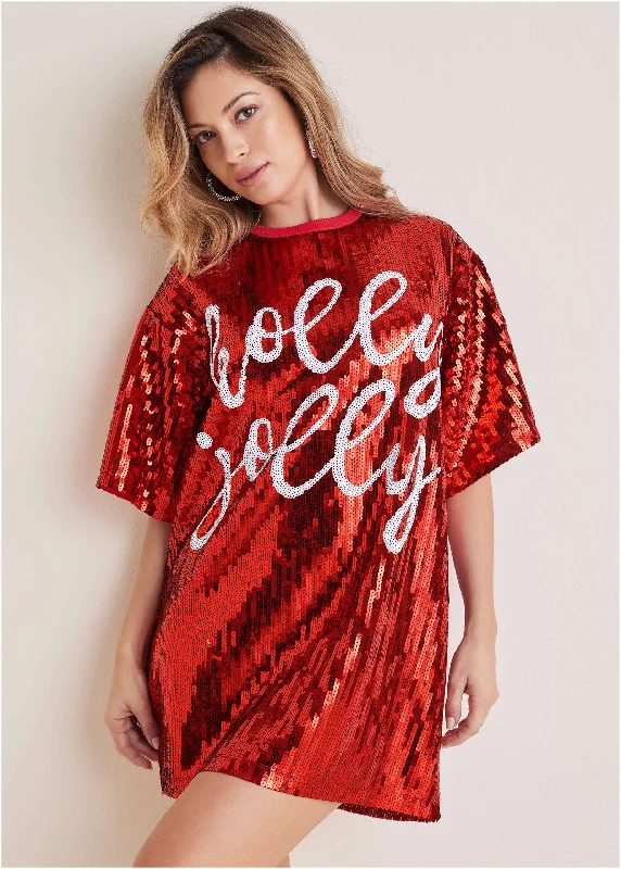 turquoise beach dress-Sequin T-Shirt Dress - Red & White