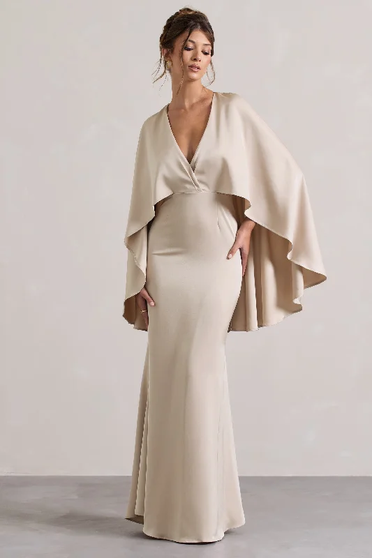 orange summer dress-Yasie | Champagne Satin Plunge-Neck Maxi Dress With Cape Sleeves