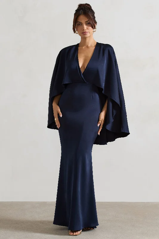 purple sequin dress-Yasie | Navy Satin Plunge-Neck Maxi Dress With Cape Sleeves