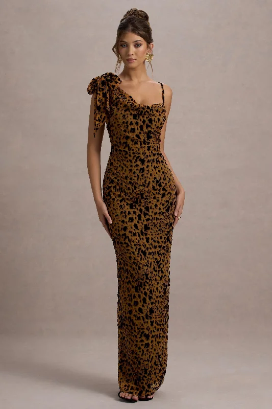 off shoulder dress-Yasmin | Leopard Print Velvet Strappy Maxi Dress With Bow