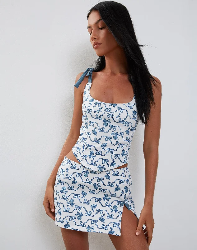 button down maxi dress-Yatri Mini Skirt in a Blue and White Ribbon Print