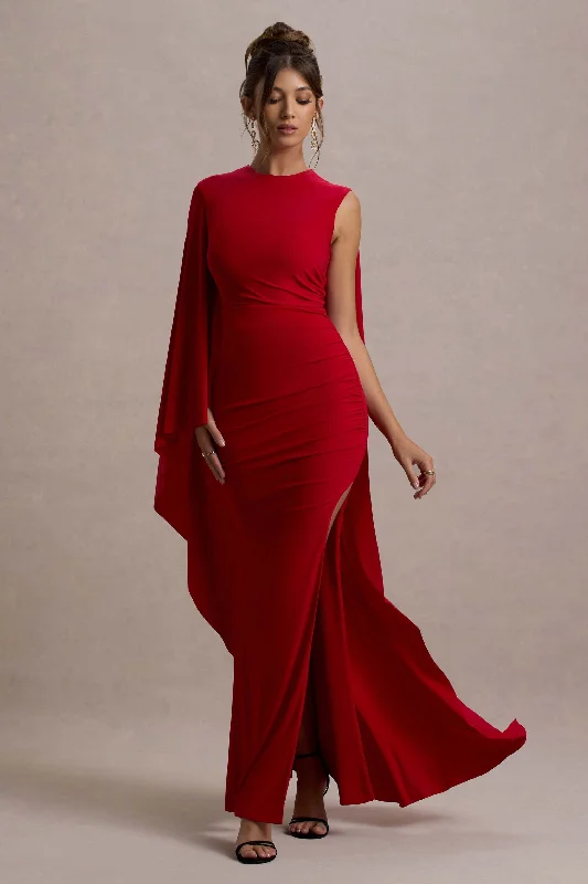 flared midi dress-Yuna | Red Draped Maxi Dress With Cape