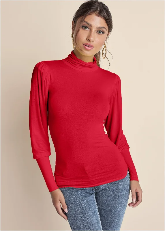 cold shoulder sundress-Turtleneck Long Sleeve Top - Red