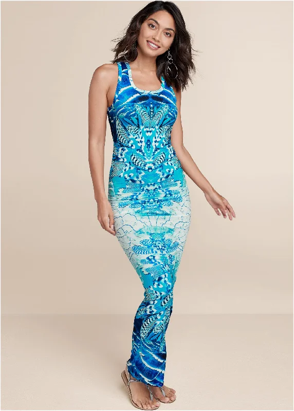 lace overlay cocktail dress-Ruched Printed Maxi Dress - Blue Multi