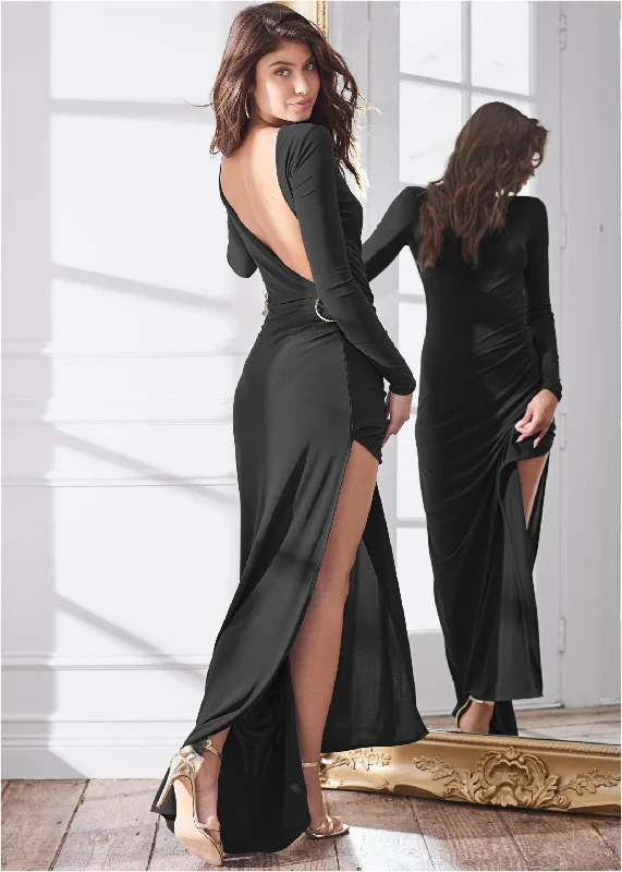 cold shoulder prom dress-Plunging Back Long Dress - Black