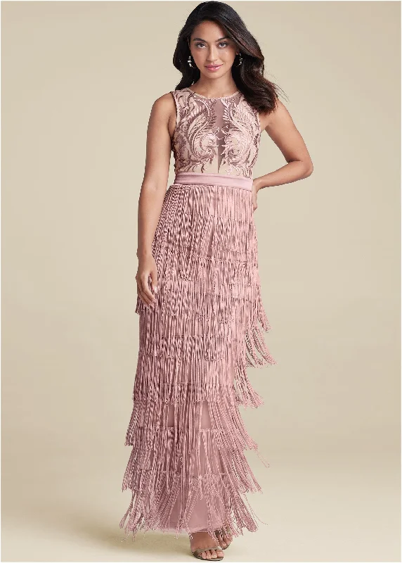 plaid prom dress-Embroidered Fringe Long Dress - Tan