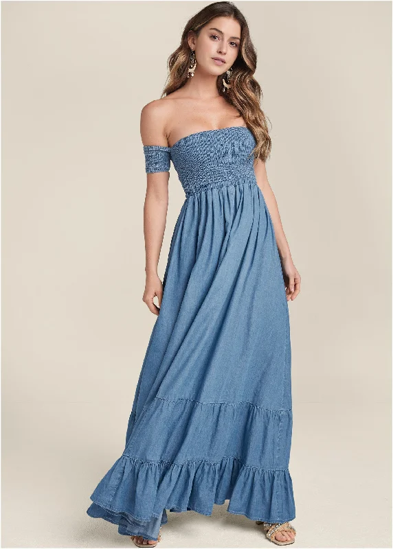 halter evening dress-Off-The-Shoulder Maxi Dress - Medium Wash