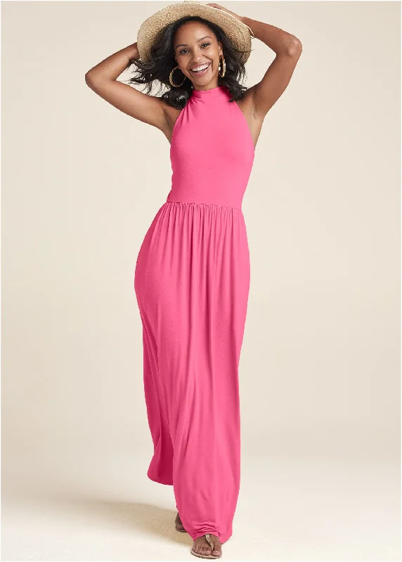 flowy prom dress-High Neck Maxi Dress - Hot Pink