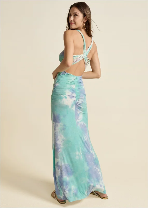 grey evening dress-Strappy Back Maxi Dress - Blue Multi