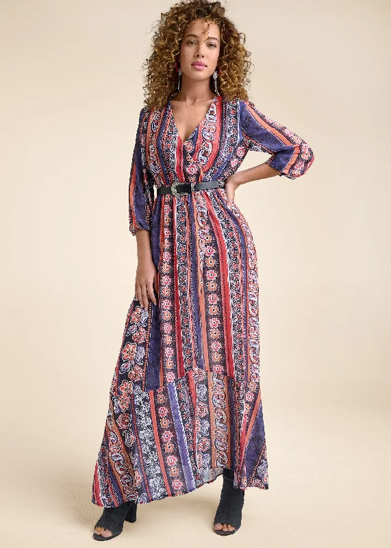 sheer sleeve dress-Printed Stripe Long Dress  - Orange Multi