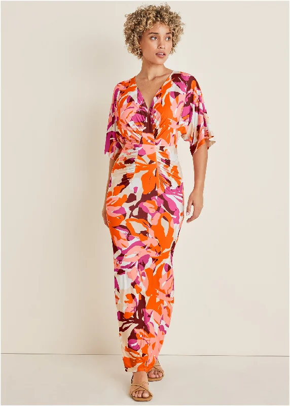 lavender sundress-Drape Sleeve Maxi Dress - Desert Floral