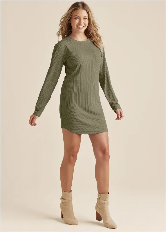 peplum cocktail dress-Ribbed T-Shirt Dress - Olive