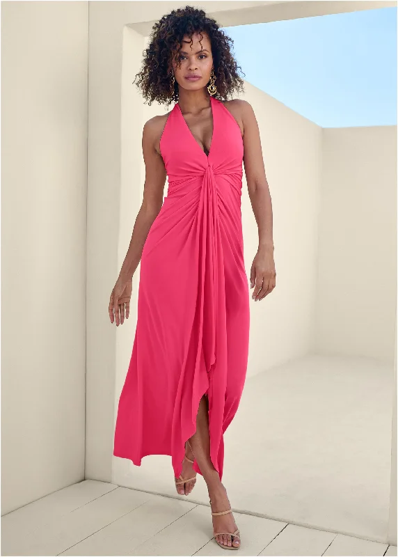 flowy midi dress-Plunging Knot Maxi Dress - Azalea