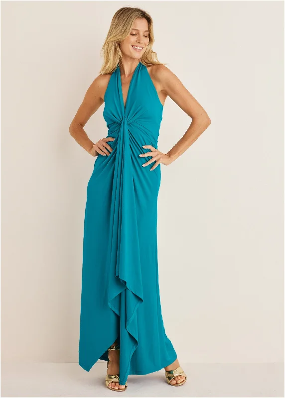 purple evening dress-Plunging Knot Maxi Dress - Teal