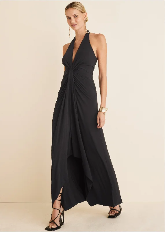 satin formal dress-Plunging Knot Maxi Dress - Black