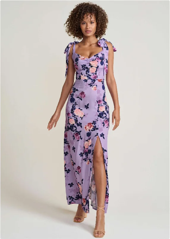 silver cocktail dress-Tie Shoulder Maxi Dress - Purple Multi