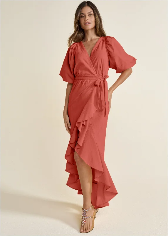 ruby red sundress-Ruffle Wrap Maxi Dress - Burnt Orange