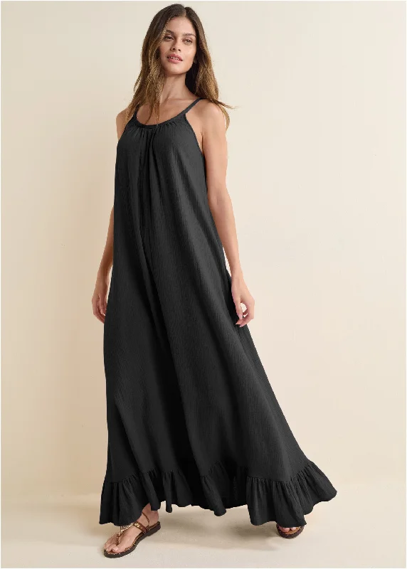 cold shoulder dress-Tie-Back Ruffle Maxi Dress - Black