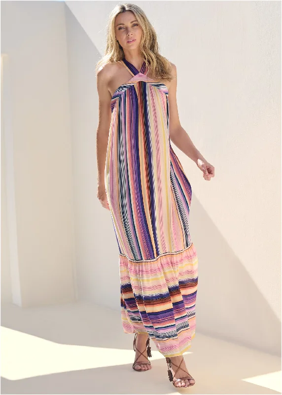 olive green dress-Striped Tiered Maxi Dress - Multi