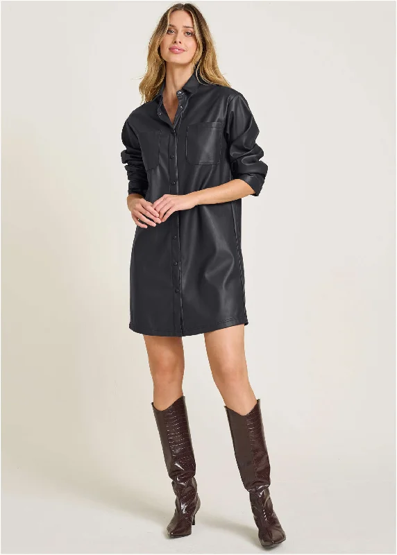 high low prom dress-Faux Leather Shirt Dress - Black