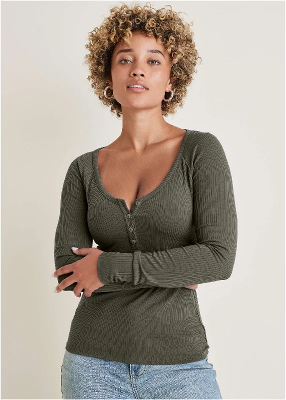 fit and flare dress-Long Sleeve Henley Tee - Olive