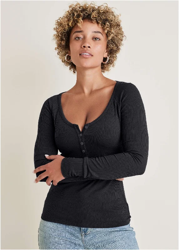 wrap front dress-Long Sleeve Henley Tee - Black