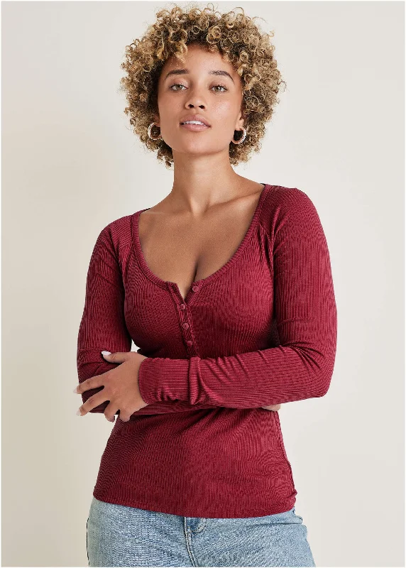 asymmetrical hem dress-Long Sleeve Henley Tee - Wine