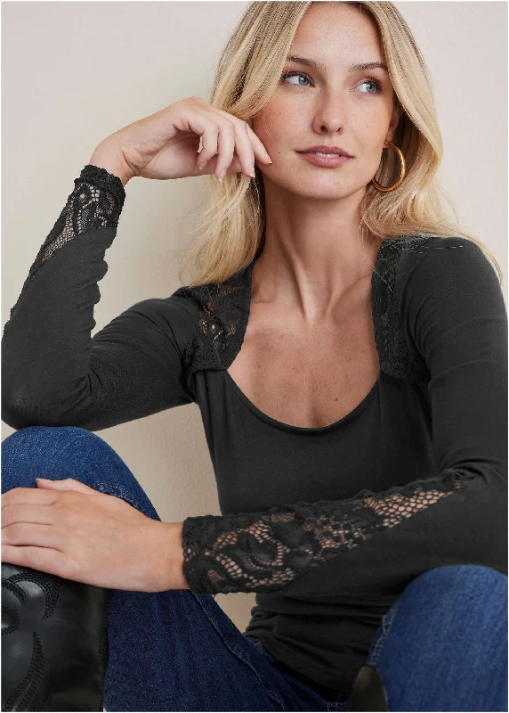 black evening dress-Lace Inset Long Sleeve Top - Black