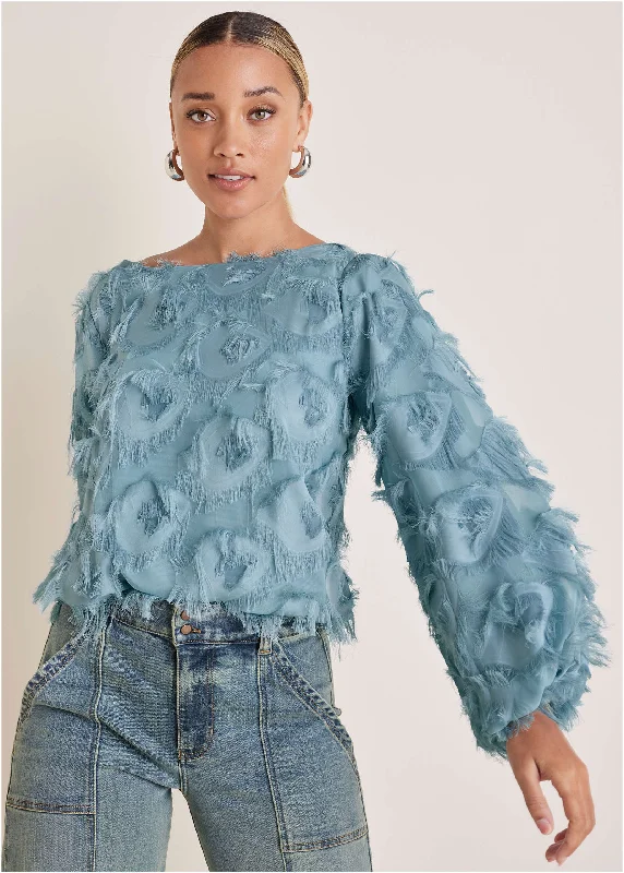 embroidered prom dress-Feathered Long Sleeve Top - Tourmaline