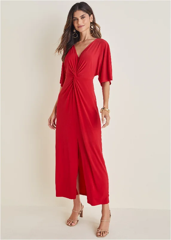 pleated prom dress-Twist Front Maxi Dress - Red